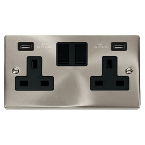 Satin Chrome 13A 2G Ingot Switched Socket With 2 X 2.1A Usb Outlet – Black