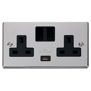 Polished Chrome 13A 2G Switched Socket With 2.1A Usb Outlet – Black