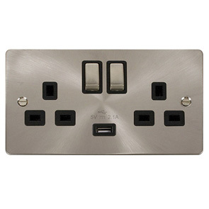 Brushed Stainless Steel 13A 2G Ingot Switched Socket With 2.1A Usb Outlet – Bla