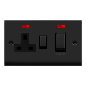 Switch, DP c/w 13A Switched Socket & Neons, Black Insert Victorian